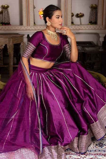 Pomcha Jaipur Purple Taffeta, Silk, Net Gota Patti Round Neck Seerat Lehenga Set at Aza Fashions Pomcha Jaipur_Purple Taffeta, Silk, Net Gota Patti Round Neck Seerat Lehenga Set _at_Aza_Fashions