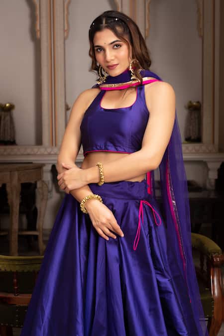 Pomcha Jaipur_Blue Taffeta, Silk, Net Gota Patti Halter Neck Lehenga Set _Online_at_Aza_Fashions