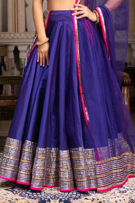 Buy_Pomcha Jaipur_Blue Taffeta, Silk, Net Gota Patti Halter Neck Lehenga Set _Online_at_Aza_Fashions