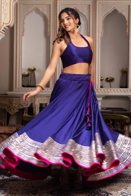 Pomcha Jaipur_Blue Taffeta, Silk, Net Gota Patti Halter Neck Lehenga Set _at_Aza_Fashions