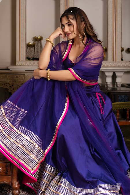 Buy_Pomcha Jaipur_Blue Taffeta, Silk, Net Gota Patti Halter Neck Lehenga Set 