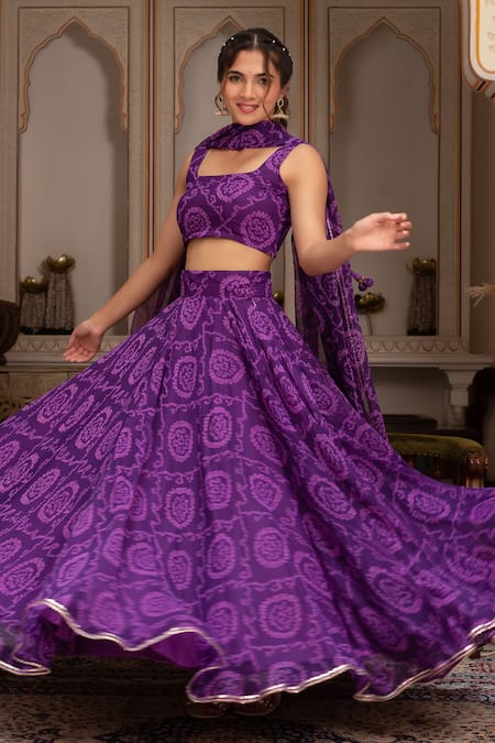 Buy_Pomcha Jaipur_Purple Georgette Square Neck Bandhej Lehenga Set _Online_at_Aza_Fashions