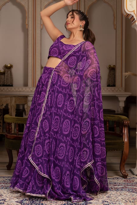 Shop_Pomcha Jaipur_Purple Georgette Square Neck Bandhej Lehenga Set _Online_at_Aza_Fashions