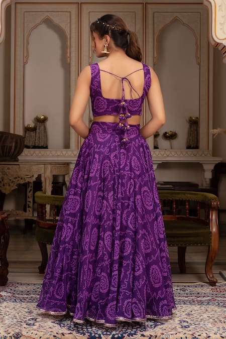 Pomcha Jaipur Purple Bandhej Georgette Lehenga Set 