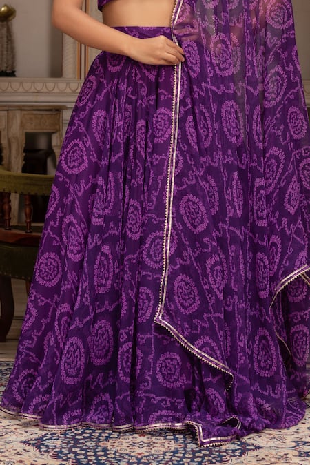 Pomcha Jaipur_Purple Georgette Square Neck Bandhej Lehenga Set _at_Aza_Fashions