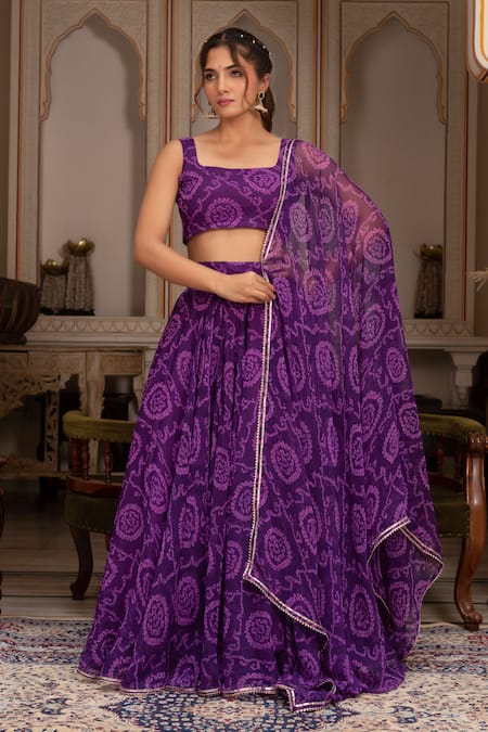 Pomcha Jaipur Purple Georgette Square Neck Bandhej Lehenga Set 