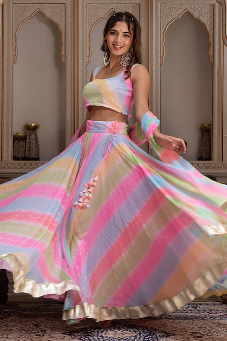 Buy_Pomcha Jaipur_Multi Color Georgette Tassels Square Multicolor Leheriya Gota Patti Lehenga Set _Online_at_Aza_Fashions