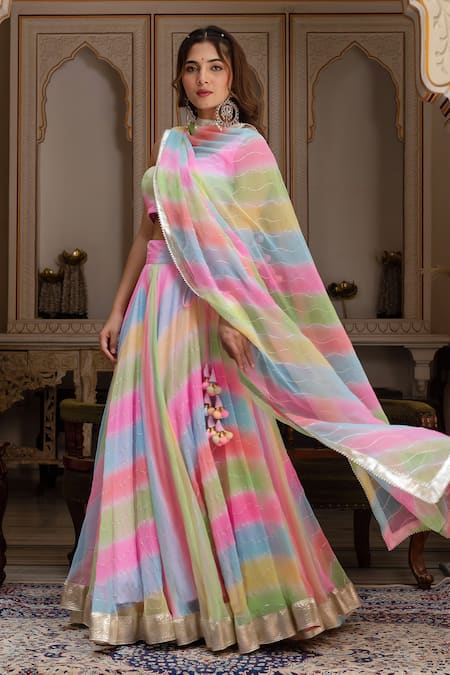 Shop_Pomcha Jaipur_Multi Color Georgette Tassels Square Multicolor Leheriya Gota Patti Lehenga Set _Online_at_Aza_Fashions