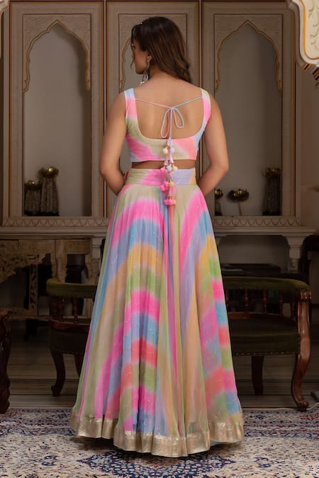 Pomcha Jaipur Multicolor Leheriya Georgette Gota Patti Lehenga Set 