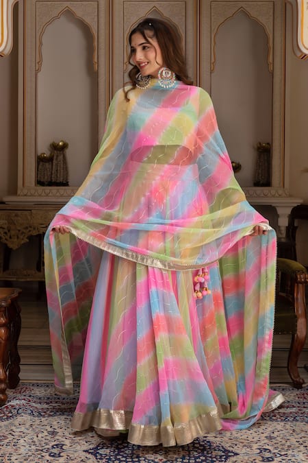 Pomcha Jaipur_Multi Color Georgette Tassels Square Multicolor Leheriya Gota Patti Lehenga Set _at_Aza_Fashions