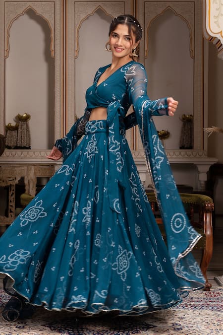 Shop_Pomcha Jaipur_Teal Georgette Embroidery, Sequins V-neck Bandhej Manjari Lehenga Set _Online_at_Aza_Fashions
