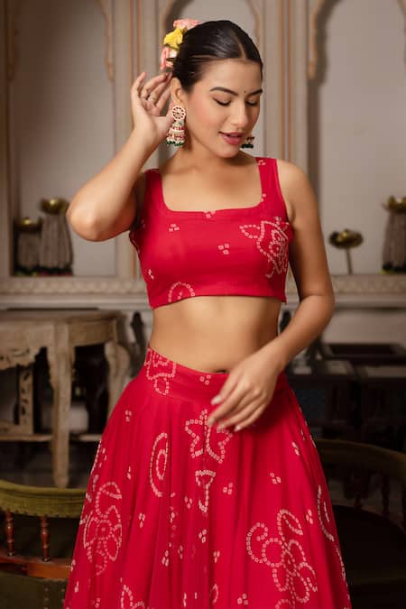 Pomcha Jaipur_Red Georgette Gota Patti, Embroidery Square Neck Bandhej Work Lehenga Set _Online_at_Aza_Fashions