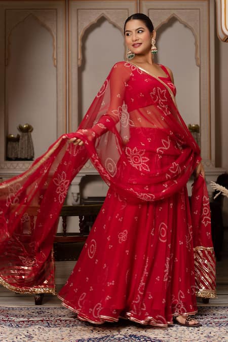 Buy_Pomcha Jaipur_Red Georgette Gota Patti, Embroidery Square Neck Bandhej Work Lehenga Set _Online_at_Aza_Fashions