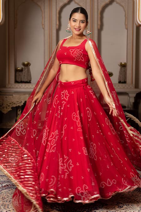 Shop_Pomcha Jaipur_Red Georgette Gota Patti, Embroidery Square Neck Bandhej Work Lehenga Set _Online_at_Aza_Fashions