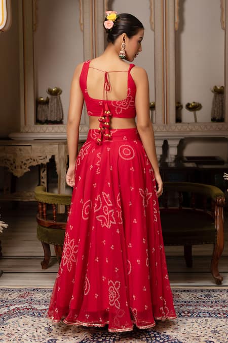 Pomcha Jaipur Red Bandhej Georgette Gota Patti Work Lehenga Set 