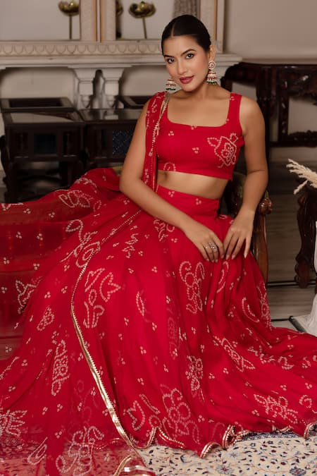 Pomcha Jaipur_Red Georgette Gota Patti, Embroidery Square Neck Bandhej Work Lehenga Set _at_Aza_Fashions