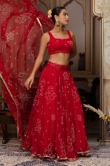 Buy_Pomcha Jaipur_Red Georgette Gota Patti, Embroidery Square Neck Bandhej Work Lehenga Set 