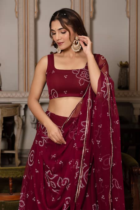 Pomcha Jaipur_Maroon Georgette Gota Patti, Embroidery Square Neck Bandhej Lehenga Set _Online_at_Aza_Fashions