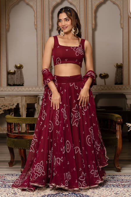 Pomcha Jaipur Maroon Georgette Gota Patti, Embroidery Square Neck Bandhej Lehenga Set