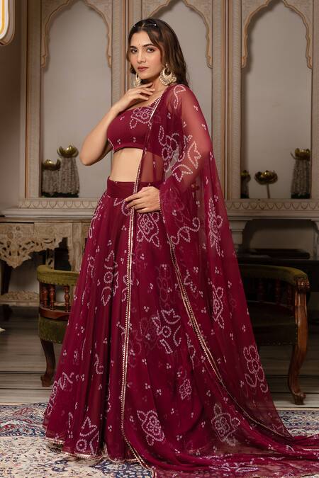 Buy_Pomcha Jaipur_Maroon Georgette Gota Patti, Embroidery Square Neck Bandhej Lehenga Set _Online_at_Aza_Fashions