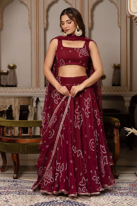 Shop_Pomcha Jaipur_Maroon Georgette Gota Patti, Embroidery Square Neck Bandhej Lehenga Set _Online_at_Aza_Fashions