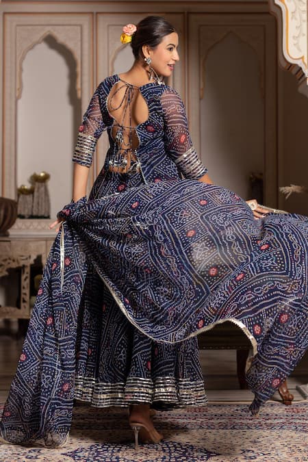 Pomcha Jaipur Bandhej Gota Patti Georgette Skirt Set 
