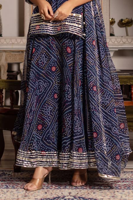 Pomcha Jaipur_Blue Georgette Gota Patti Square Neck Bandhej Skirt Set _Online_at_Aza_Fashions