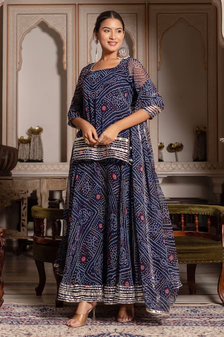 Buy_Pomcha Jaipur_Blue Georgette Gota Patti Square Neck Bandhej Skirt Set _Online_at_Aza_Fashions