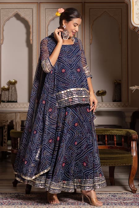 Shop_Pomcha Jaipur_Blue Georgette Gota Patti Square Neck Bandhej Skirt Set _Online_at_Aza_Fashions