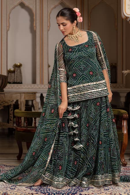 Shop_Pomcha Jaipur_Green Georgette Gota Patti, Tassels Square Neck Bandhej Skirt Set _Online_at_Aza_Fashions