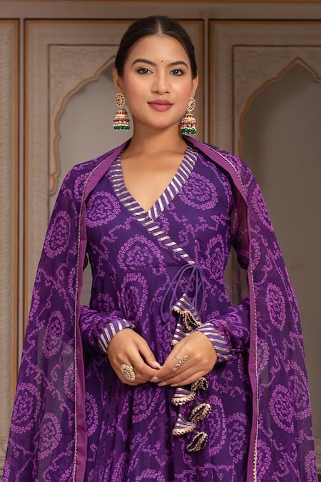Pomcha Jaipur Purple Georgette, Cotton Gota Patti V-neck Bandhej Angrakha Set Online at Aza Fashions Pomcha Jaipur_Purple Georgette, Cotton Gota Patti V-neck Bandhej Angrakha Set _Online_at_Aza_Fashions