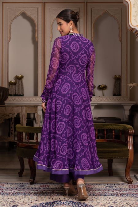Shop Pomcha Jaipur Purple Georgette, Cotton Gota Patti V-neck Bandhej Angrakha Set at Aza Fashions Shop_Pomcha Jaipur_Purple Georgette, Cotton Gota Patti V-neck Bandhej Angrakha Set _at_Aza_Fashions