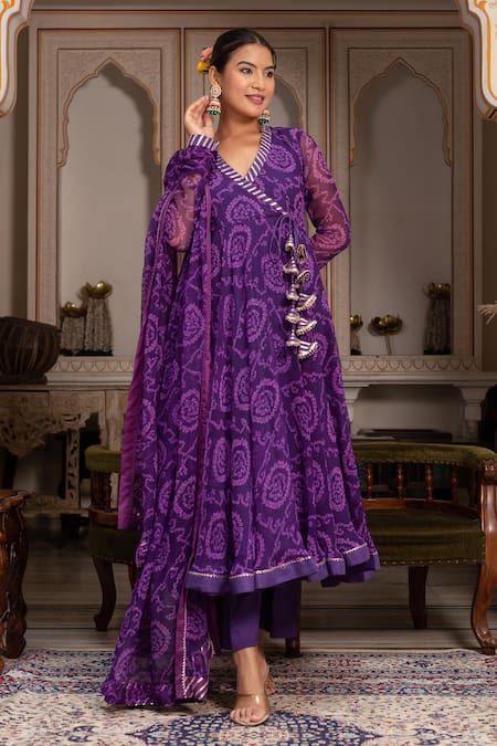 Shop Pomcha Jaipur Purple Georgette, Cotton Gota Patti V-neck Bandhej Angrakha Set Online at Aza Fashions Shop_Pomcha Jaipur_Purple Georgette, Cotton Gota Patti V-neck Bandhej Angrakha Set _Online_at_Aza_Fashions