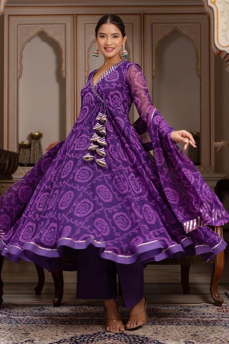 Buy Pomcha Jaipur Purple Georgette, Cotton Gota Patti V-neck Bandhej Angrakha Set Buy_Pomcha Jaipur_Purple Georgette, Cotton Gota Patti V-neck Bandhej Angrakha Set