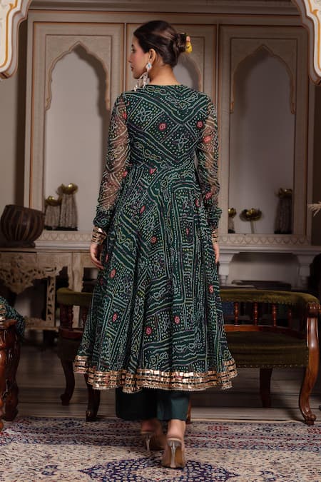 Shop Pomcha Jaipur Green Georgette, Cotton Gota Patti, Sequins V-neck Angrakha Set at Aza Fashions Shop_Pomcha Jaipur_Green Georgette, Cotton Gota Patti, Sequins V-neck Angrakha Set _at_Aza_Fashions