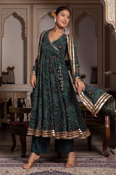 Shop Pomcha Jaipur Green Georgette, Cotton Gota Patti, Sequins V-neck Angrakha Set Online at Aza Fashions Shop_Pomcha Jaipur_Green Georgette, Cotton Gota Patti, Sequins V-neck Angrakha Set _Online_at_Aza_Fashions