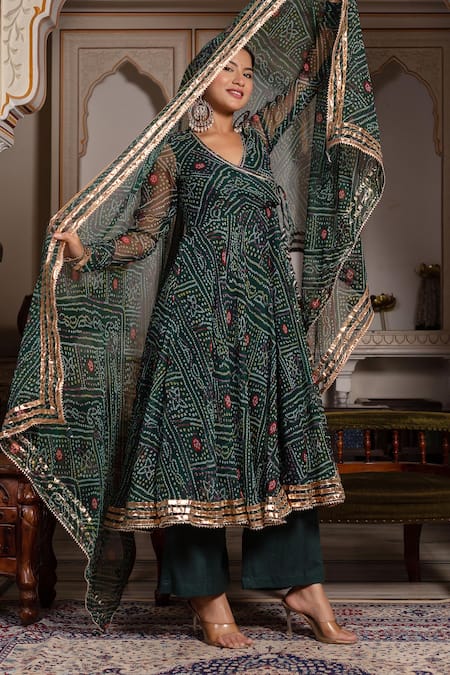 Buy Pomcha Jaipur Green Georgette, Cotton Gota Patti, Sequins V-neck Angrakha Set Buy_Pomcha Jaipur_Green Georgette, Cotton Gota Patti, Sequins V-neck Angrakha Set