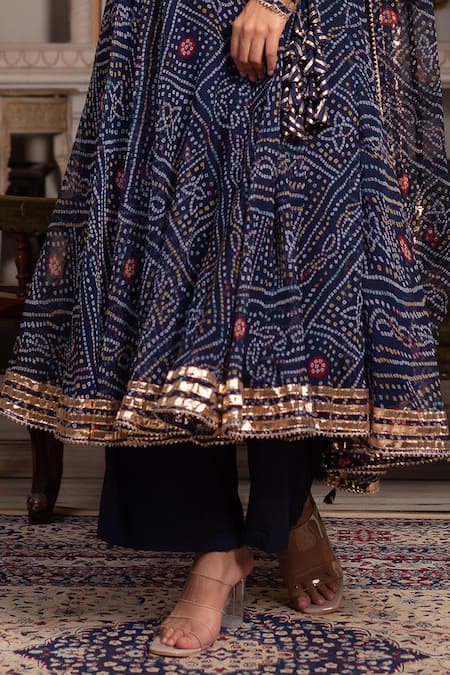 Pomcha Jaipur_Blue Georgette, Cotton Gota Patti V-neck Angrakha Set _Online_at_Aza_Fashions