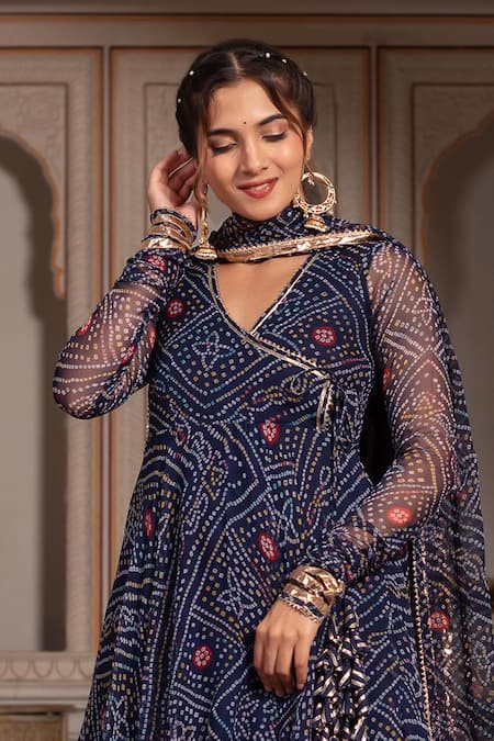 Buy_Pomcha Jaipur_Blue Georgette, Cotton Gota Patti V-neck Angrakha Set _Online_at_Aza_Fashions