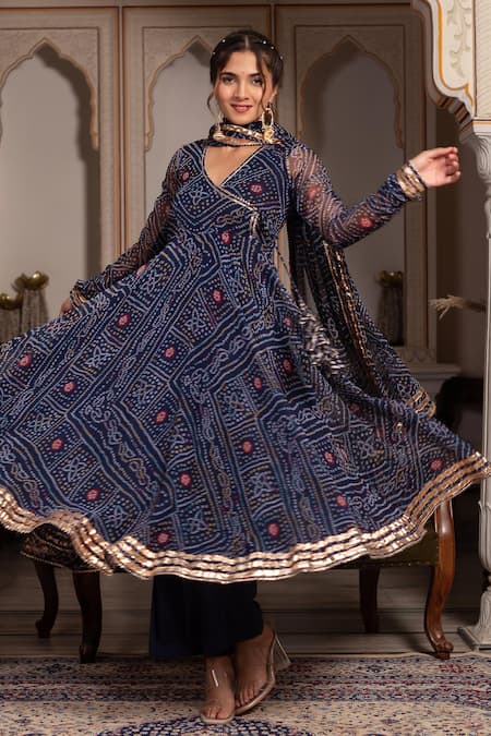 Shop_Pomcha Jaipur_Blue Georgette, Cotton Gota Patti V-neck Angrakha Set _Online_at_Aza_Fashions