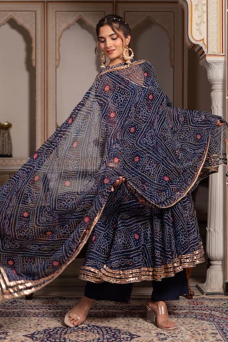 Pomcha Jaipur_Blue Georgette, Cotton Gota Patti V-neck Angrakha Set _at_Aza_Fashions