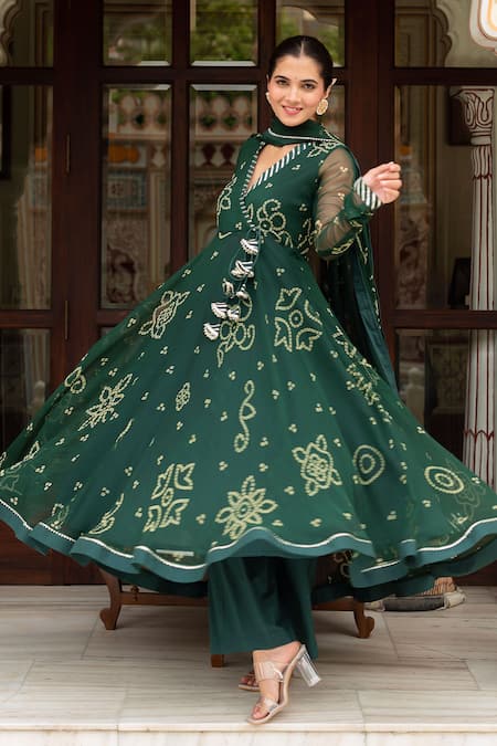 Pomcha Jaipur_Green Georgette, Cotton Sequins, Embroidery V-neck Bandhej Angrakha Set _Online_at_Aza_Fashions