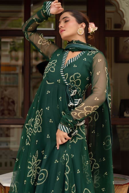 Buy_Pomcha Jaipur_Green Georgette, Cotton Sequins, Embroidery V-neck Bandhej Angrakha Set _Online_at_Aza_Fashions
