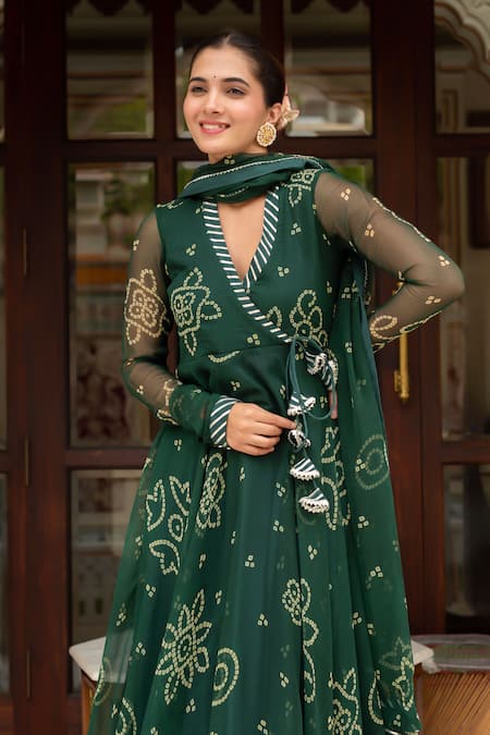 Shop_Pomcha Jaipur_Green Georgette, Cotton Sequins, Embroidery V-neck Bandhej Angrakha Set _Online_at_Aza_Fashions