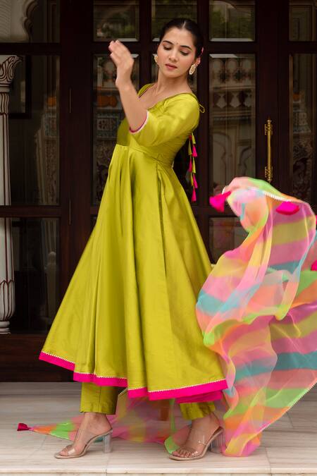 Pomcha Jaipur Green Taffeta, Silk, Georgette Tassels Round Neck Anarkali Set Online at Aza Fashions Pomcha Jaipur_Green Taffeta, Silk, Georgette Tassels Round Neck Anarkali Set _Online_at_Aza_Fashions