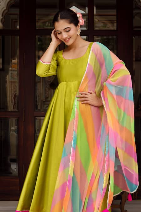 Shop Pomcha Jaipur Green Taffeta, Silk, Georgette Tassels Round Neck Anarkali Set Online at Aza Fashions Shop_Pomcha Jaipur_Green Taffeta, Silk, Georgette Tassels Round Neck Anarkali Set _Online_at_Aza_Fashions