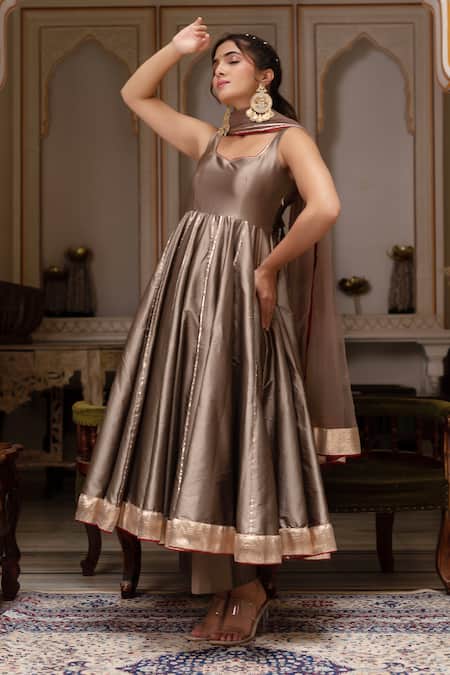 Pomcha Jaipur Gold Taffeta, Silk, Net Gota Patti Sweetheart Neck Anarkali Set Online at Aza Fashions Pomcha Jaipur_Gold Taffeta, Silk, Net Gota Patti Sweetheart Neck Anarkali Set _Online_at_Aza_Fashions