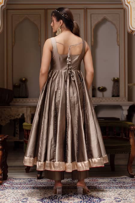 Shop Pomcha Jaipur Gold Taffeta, Silk, Net Gota Patti Sweetheart Neck Anarkali Set at Aza Fashions Shop_Pomcha Jaipur_Gold Taffeta, Silk, Net Gota Patti Sweetheart Neck Anarkali Set _at_Aza_Fashions