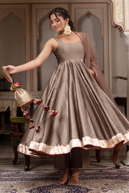 Pomcha Jaipur Gold Taffeta, Silk, Net Gota Patti Sweetheart Neck Anarkali Set at Aza Fashions Pomcha Jaipur_Gold Taffeta, Silk, Net Gota Patti Sweetheart Neck Anarkali Set _at_Aza_Fashions