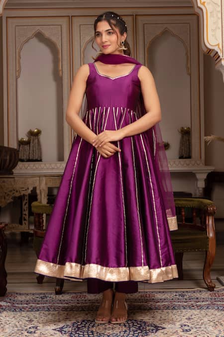 Pomcha Jaipur Purple Taffeta, Silk, Net Gota Patti Sweetheart Neck Seerat Anarkali Set